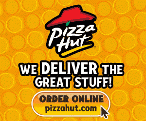 Animated pizza hut advertisement featuring their logo and promoting online ordering with a lively background, now available on Linux.