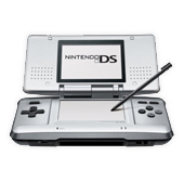 Nintendo ds handheld gaming console, open with a stylus on its side, displaying its dual screens, one of which shows the nintendo ds logo.