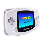 A nintendo game boy advance, white, displaying its startup screen on a white background.