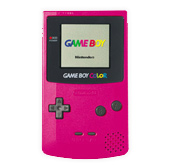 A pink nintendo game boy color handheld gaming console with visible screen and control buttons.