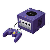 A purple nintendo gamecube console with one connected controller, depicted on a white background.