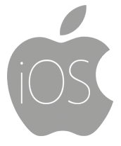 Logo of ios, featuring a simplified gray apple silhouette with "ios" text inside, set against a transparent background.