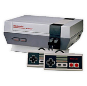 Nintendo entertainment system (nes) console with two controllers, isolated on a white background.