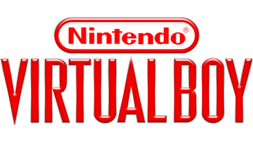 Logo of nintendo virtual boy, featuring the brand name in bold red 3d letters outlined in silver, with the nintendo logo above in white and red.