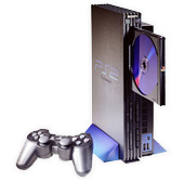 A playstation 2 console with an open disc tray and a controller, isolated on a white background.