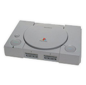Original sony playstation console, featuring a circular disc lid, two controller ports, and the classic logo on top.