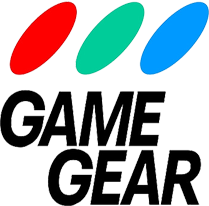 Logo of sega game gear featuring bold text and colorful elliptical shapes above a stylized, monochrome cityscape.