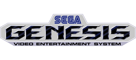 Logo of sega genesis, featuring metallic 3d text on a gradient gray background, labeled as a video entertainment system.