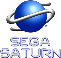 Logo of sega saturn featuring a stylized blue planet with silver rings, above the embossed text "sega saturn" in blue.
