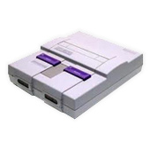 A super nintendo entertainment system (snes) console with purple switch buttons on a white background.