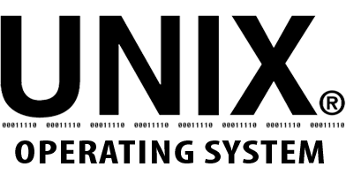 Black and white unix logo with a registered trademark symbol, featuring bold, reflective letters on a horizontal gradient background.