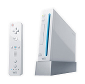 A nintendo wii console with its controller, featuring a minimalist white design and blue accents.